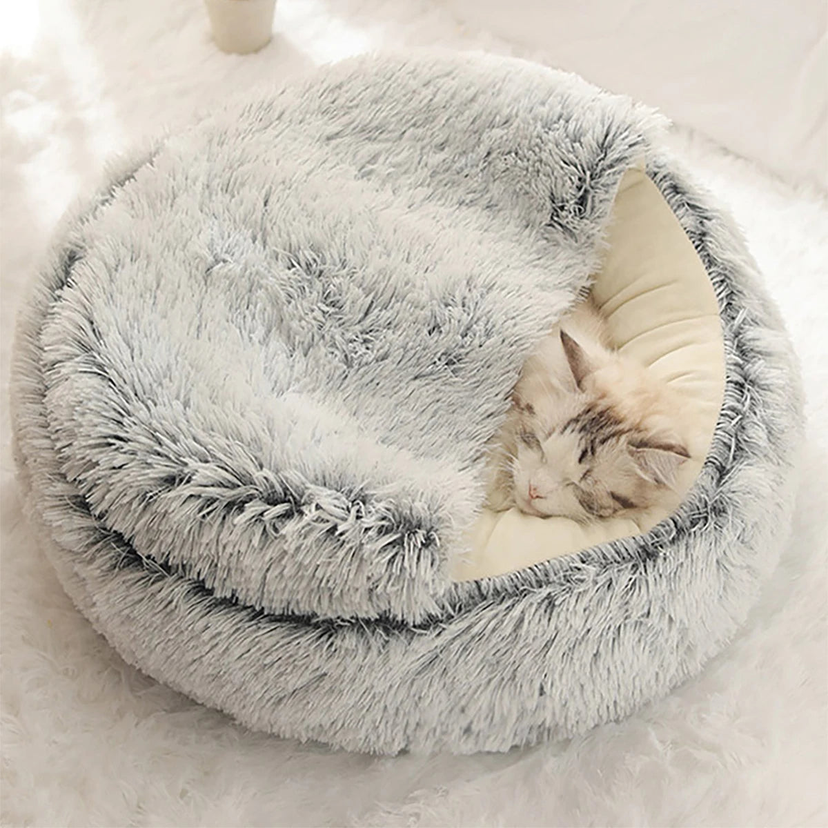 Cat Bed Round Plush Fluffy Hooded Cat Bed Cave