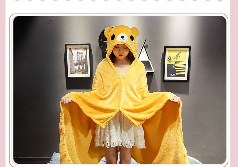 Cartoon Cute Cape Blanket Flannel Lazy Shawl Cape Student Hooded Home Office Nap Blanket