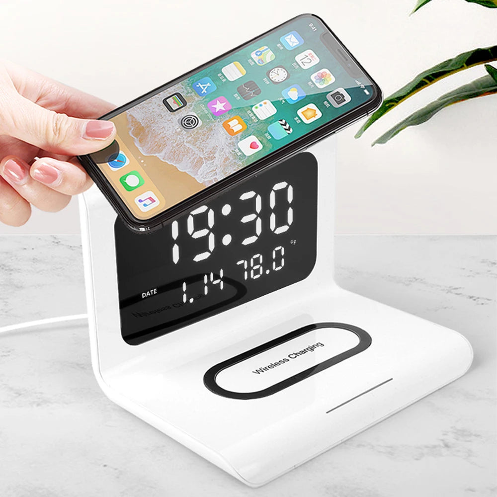 Wireless Charger Alarm Clock LED Smart Digital Clock  USB 10W Fast Charge Type-C