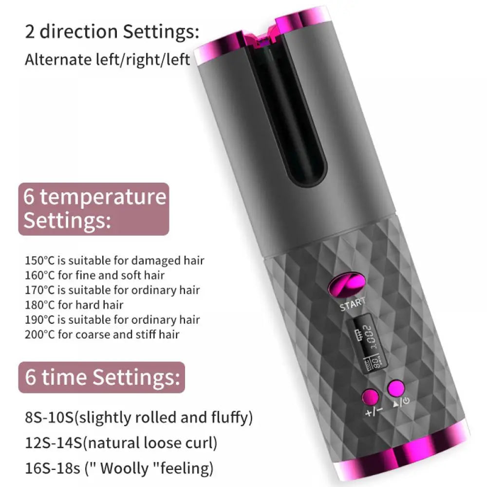 Automatic Wireless Hair Curler Cordless Rotating USB Rechargeable Curling Iron Display