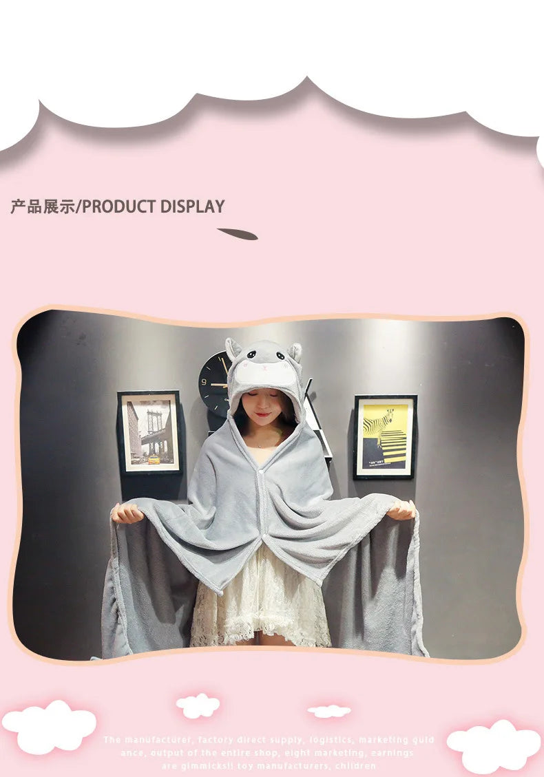 Cartoon Cute Cape Blanket Flannel Lazy Shawl Cape Student Hooded Home Office Nap Blanket