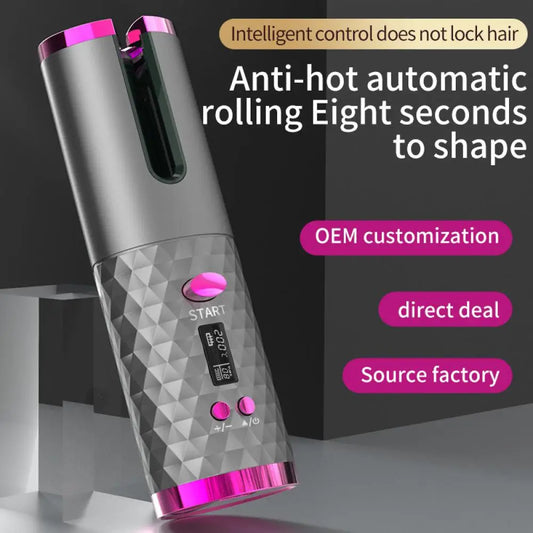 Automatic Wireless Hair Curler Cordless Rotating USB Rechargeable Curling Iron Display